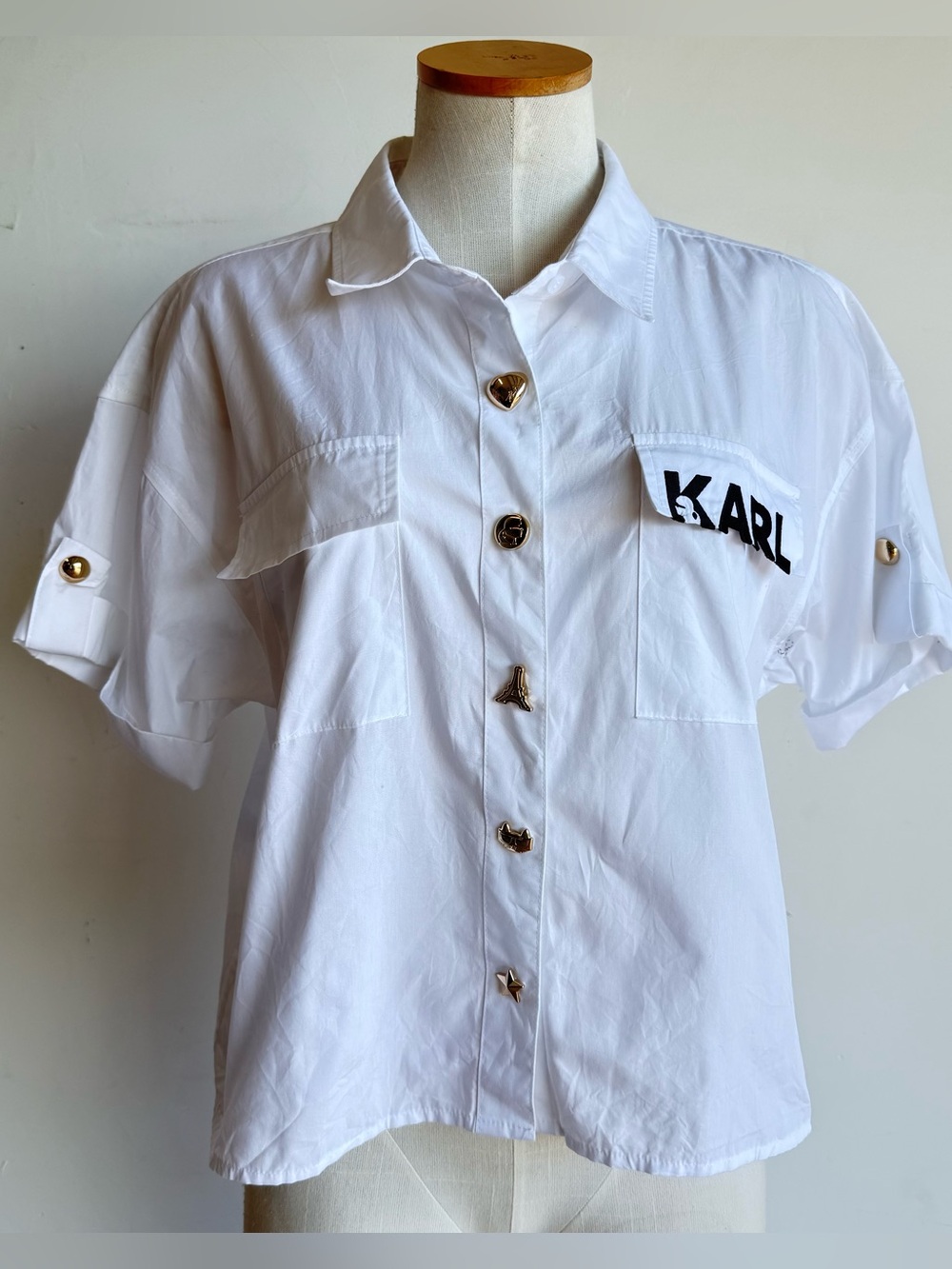 Karl Lagerfeld shirt large White Short-Sleeve Button-down Gold big logo cotton